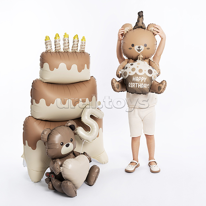 Шар (23''/58 см) Фигура 3D, Мишка с капкейком, Бежевый, Сатин, 1 шт. в уп.