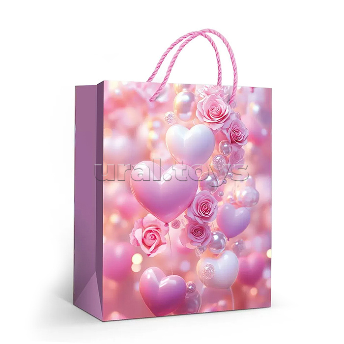 Пакет подарочный (М) "Сердечки, розы, жемчуг"
