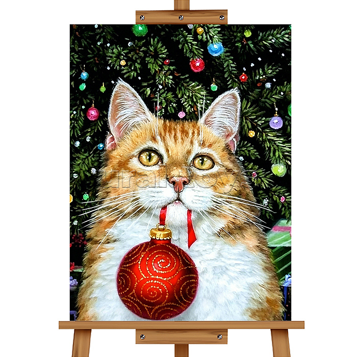 Картина по номерам "Котик с ёлочным шаром" 40*30 см.