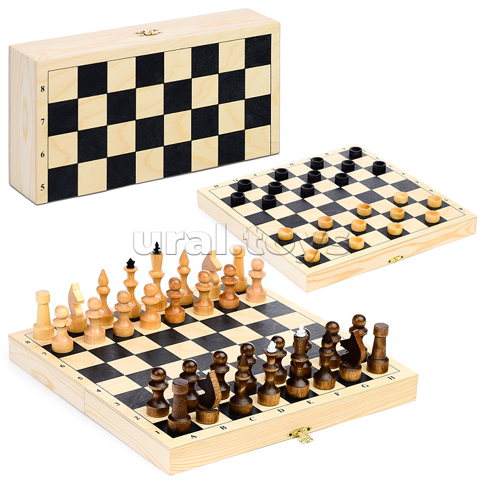Игра 2в1 дорожная с походными деревянными шахматами (шашки, шахматы) "Классика" (290*145*60)