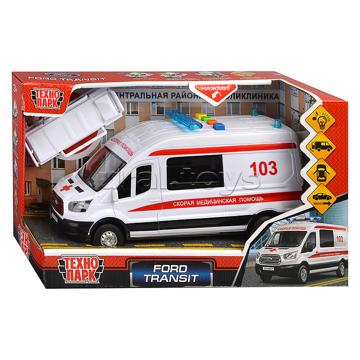 Машина пластик свет-звук Ford transit скорая 22,5 см, двери, 4 кнопки