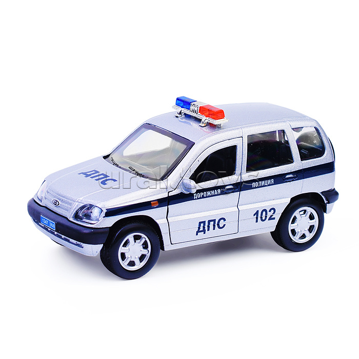 Машина металл LADA Niva Полиция 12 см, (двери, багаж, серебрист.,)инерц, в коробке