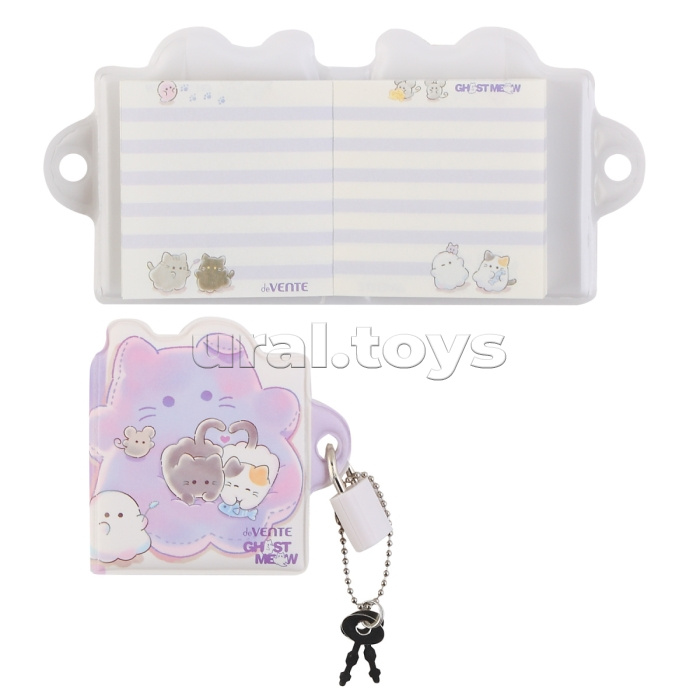 Клейкая бумага для заметок "Ghost Meow" 53x50 мм, 20 листов, офсет 80 г/м², печать 4+0, фигурная форма, в папке-конверте на кнопке с подвесом, "Серый котёнок"