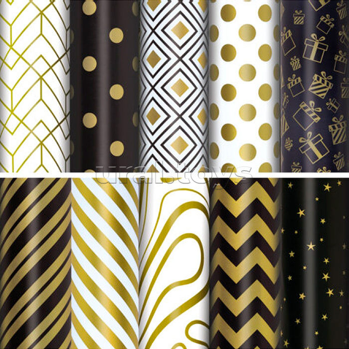 Бумага упаковочная подарочная мелованная "Golden pattern", 70x100 см, 10 дизайнов ассорти