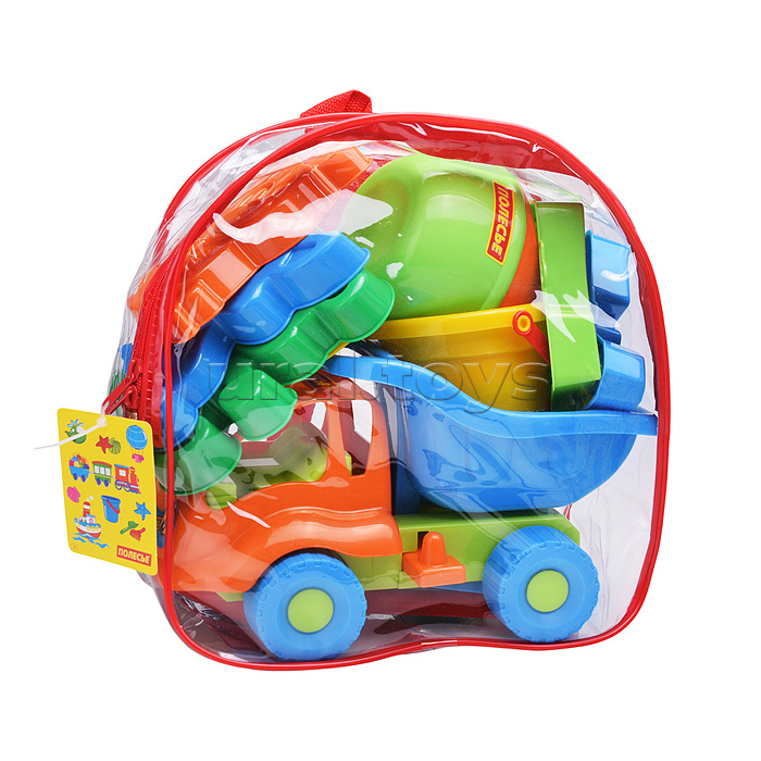 Набор №301 (в рюкзаке): "Муравей", автомобиль-самосвал + ведро малое, лопатка №5, грабельки №5, формочки (самосвал + паровоз + белочка + пёсик + котёнок + медведь), лейка малая №4