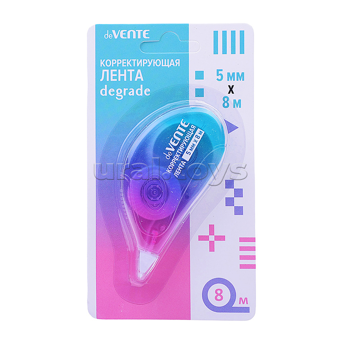Корректирующая лента "Degrade" 5 ммx08 м, цвет деграде, прозрачный корпус. Корректирующая лента "Degrade" 5 ммx08 м, цвет деграде, прозрачный корпус.