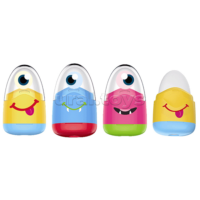 Точилка и ластик 2 в 1 "Monsters" 1 отверстие, пластиковая цветная с контейнером, ластик белый из синтетического каучука, ассорти, в пластиковой банке