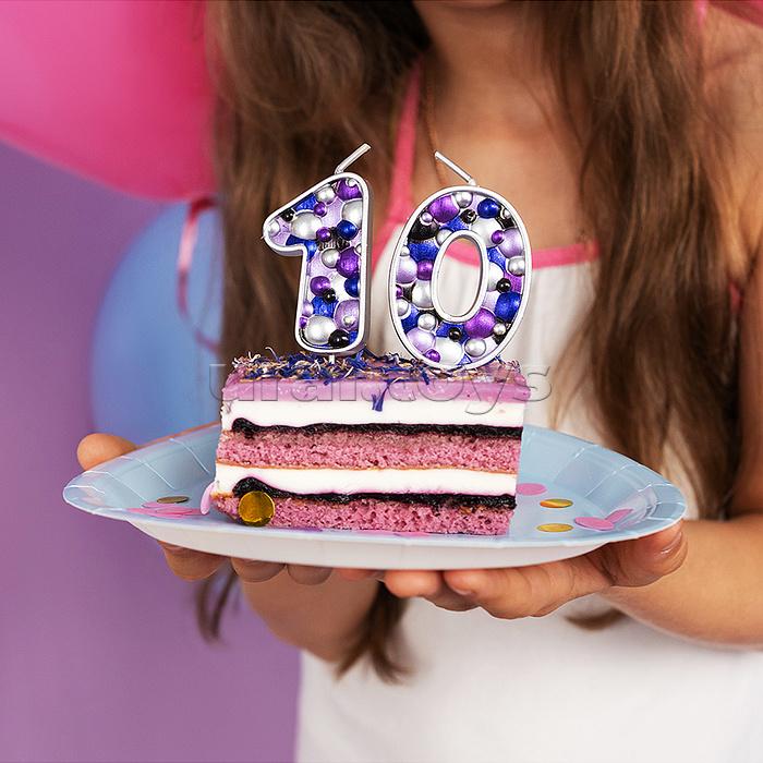 Свеча Цифра, 0 Пузырьки, на шпажке, Сиреневый, Металлик, 4*5,5 + 4 см, 1 шт. с держат.