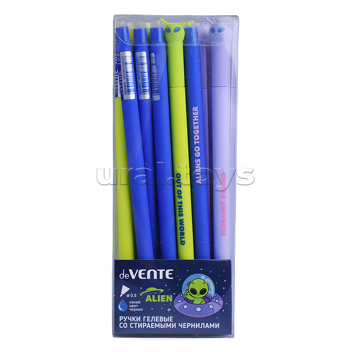 Ручка гелевая стираемая "Alien" d=0,5 мм, цвета корпуса ассорти 3 цвета, с декоративным элементом и запечаткой на колпачке, с ластиком, сменный стержень, индивидуальная маркировка, синяя