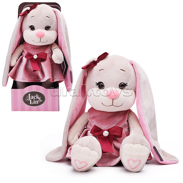 Зайка Лин в розовом бархатном платьице с бантиком, 20 см