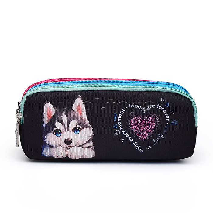 Пенал "Cute Husky" 21x8,5x5,5 см, прямоугольный для 60 предметов, плотный износостойкий полиэстер с водоотталкивающей пропиткой, 3 отделения на молнии, с молниями 3-х цветов