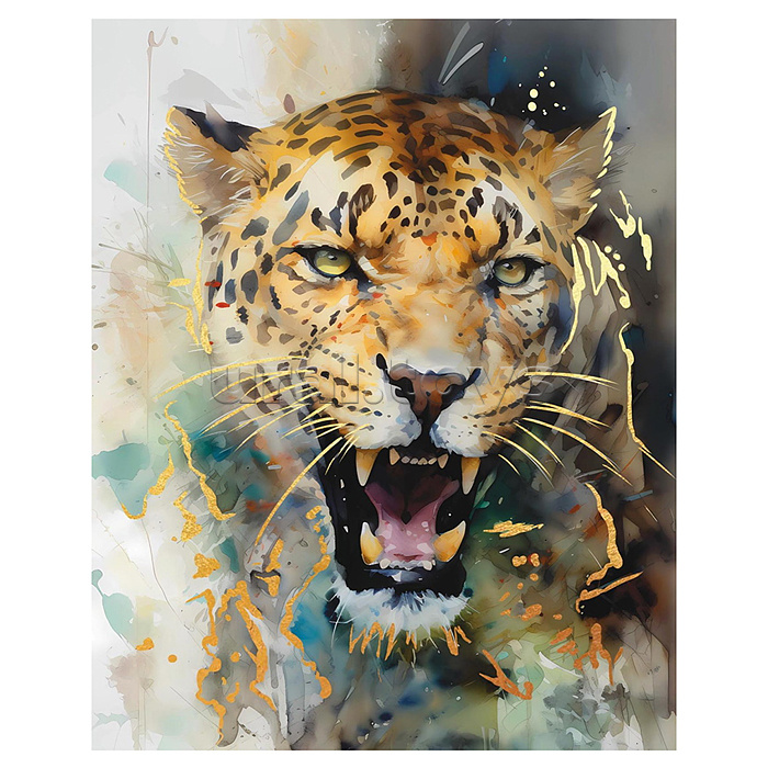 Холст с красками 40х50 по номерам "Опасный леопард с зол.поталью" (30цв)