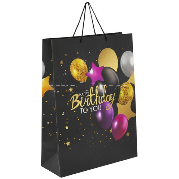 Пакет подарочный (1 штука) 33x13x45 см "Happy Birthday", фольга, черный