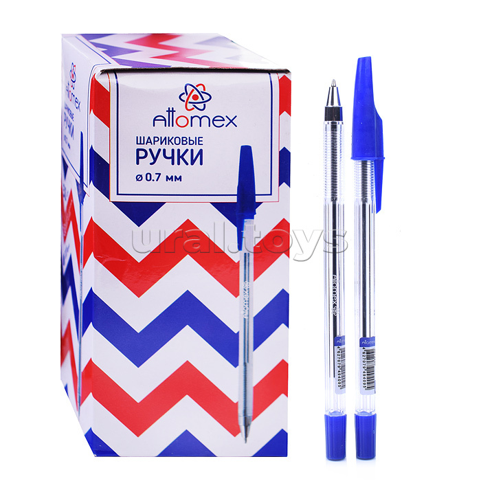 Ручка шариковая "Attomex" d=0,7 мм, прозрачный корпус с металлическим наконечником, сменный стержень, индивидуальная маркировка, синяя