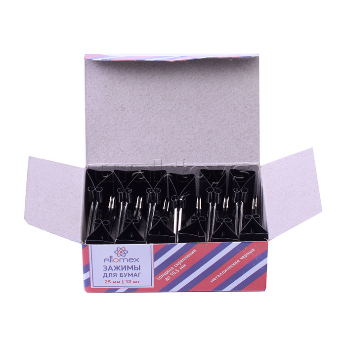 Зажим для бумаг "Attomex" металлический (25 мм) толщина скрепления до 10,5 мм, черный, 12 шт в картонной коробке