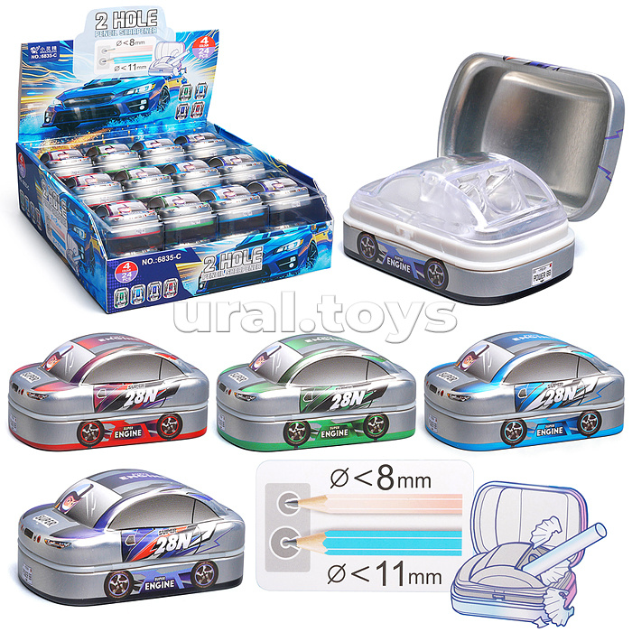 Точилка металлическая "Машинка" 2 отверстия для заточки, 4 дизайна, с контейнером для стружки, картонный дисплей