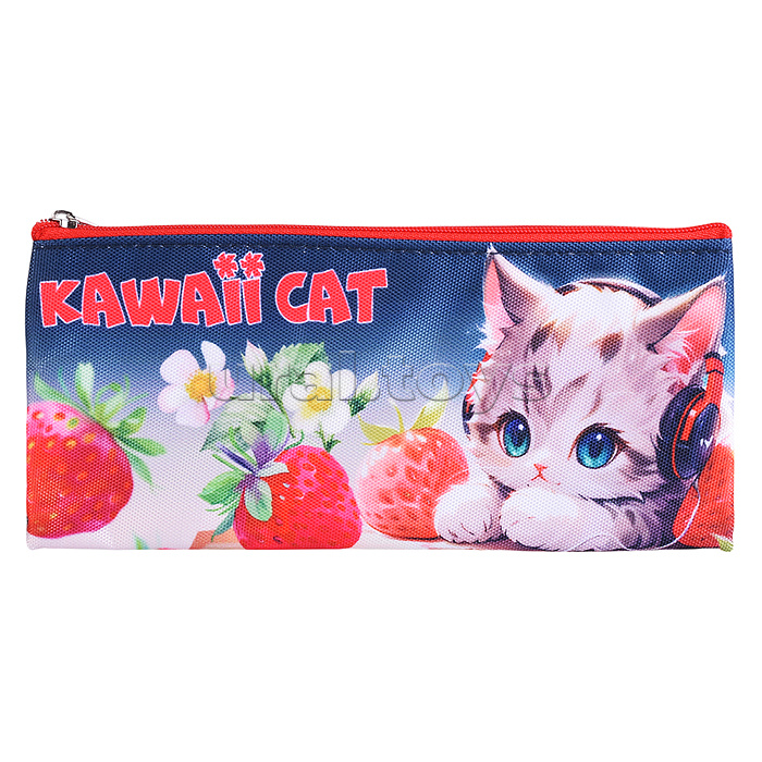 Пенал "Kawaii Cat" 21,5x9x1 см, плоский для 35 предметов, плотный износостойкий полиэстер с водоотталкивающей пропиткой, на молнии
