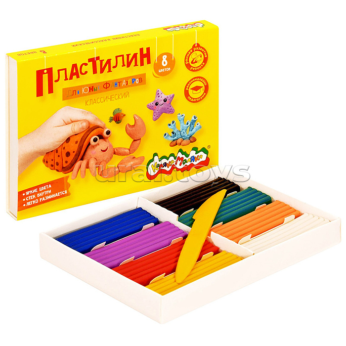 Пластилин классический 8 цв. "Для юных фантазеров" 120 г ассорти со стеком