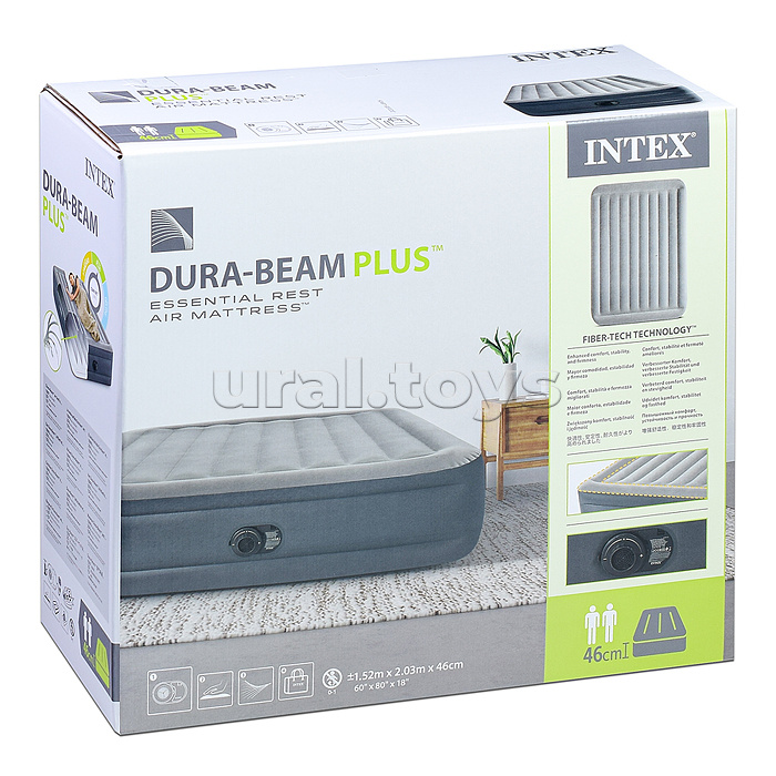 Кровать надувная Essential Rest Airbed, 152 х 203 х 46 см, встроенный насос 220V, 64126NP INTEX