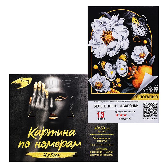 Картина по номерам 40х50 "Белые цветы и бабочки" черный холст с поталью (13 цветов)