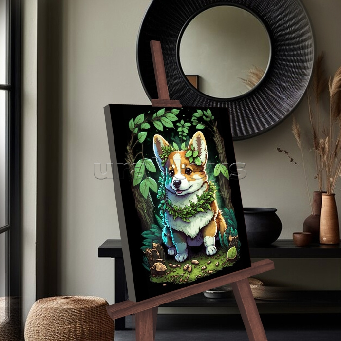 Картина по номерам 30х40 "Щенок корги" черный холст со светящейся краской, цветная схема (30 цветов)