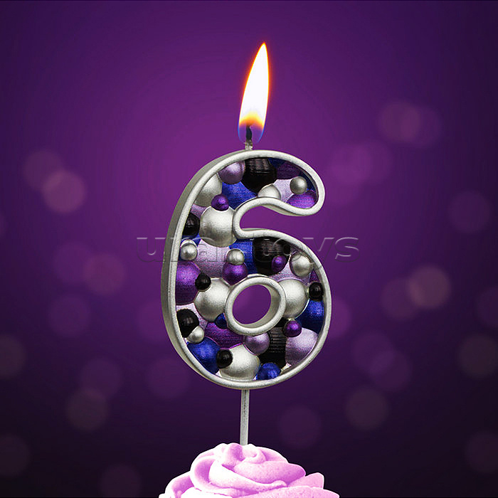 Свеча Цифра, 6 Пузырьки, на шпажке, Сиреневый, Металлик, 4*5,5 + 4 см, 1 шт. с держат.