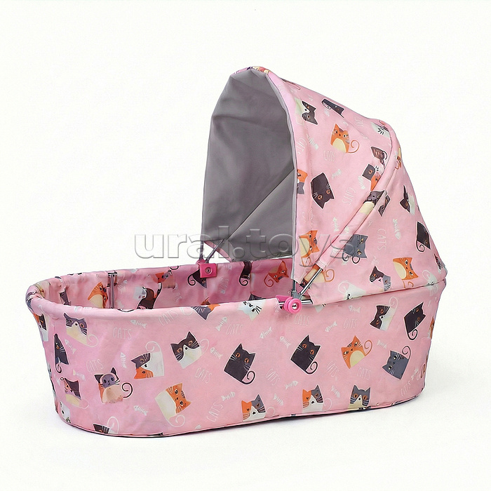 Коляская кукольная прогулочная,металлическая, складная, с корзиной и сумкой, принт коты