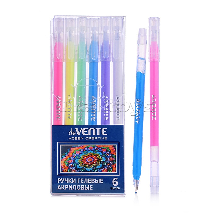 Набор ручек гелевых акриловых "Hobby creative" 06 шт, 6 цветов, d=1 мм, прозрачно-матовый круглый корпус, колпачок с клипом, увеличенный запас чернил, специальные акриловые чернила c высокой яркостью на черной бумаге, в пластиковой коробке