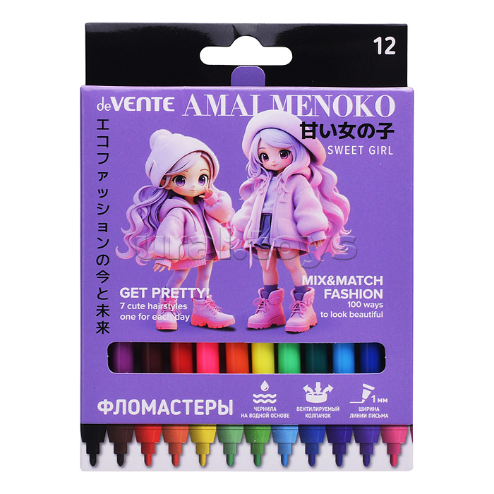Фломастеры "Amai Menoko" 12 цветов с вентилируемым колпачком, в картонной коробке с подвесом