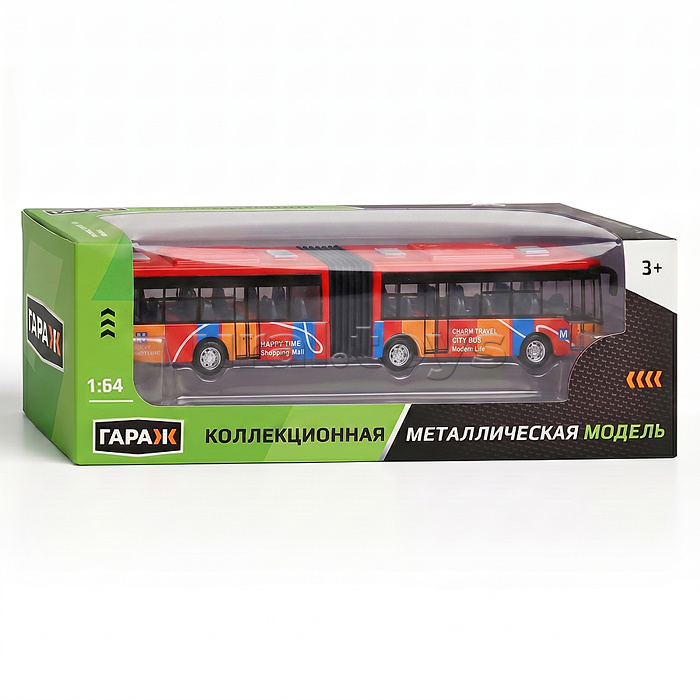 Автобус металлический городской с гармошкой, инерционный, масштаб 1:64 (красный)