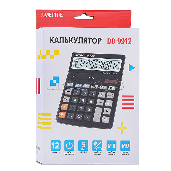 Калькулятор настольный DD-9912, 154x203x25, 12 разрядный, большой экран, подъемный дисплей, двойное питание, двойная память, автоматическое вычисление процентов, наценки, клавиша "00" коррекция последнего введенного значения, функция смены знака, прорезин