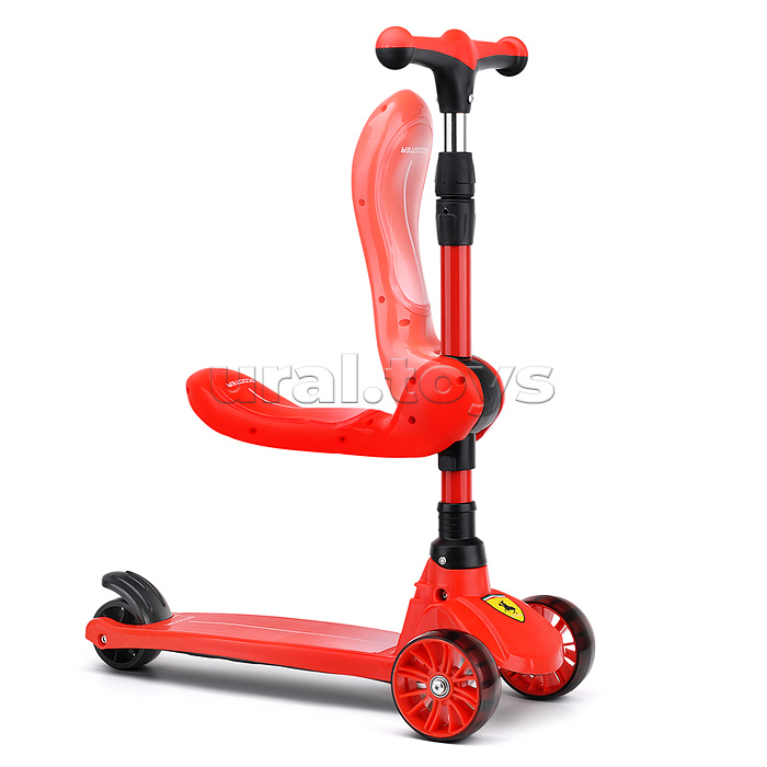 Самокат 3-х. кол., с сиденьем, ограничителем и родительской ручкой, колеса PU, красный, в коробке