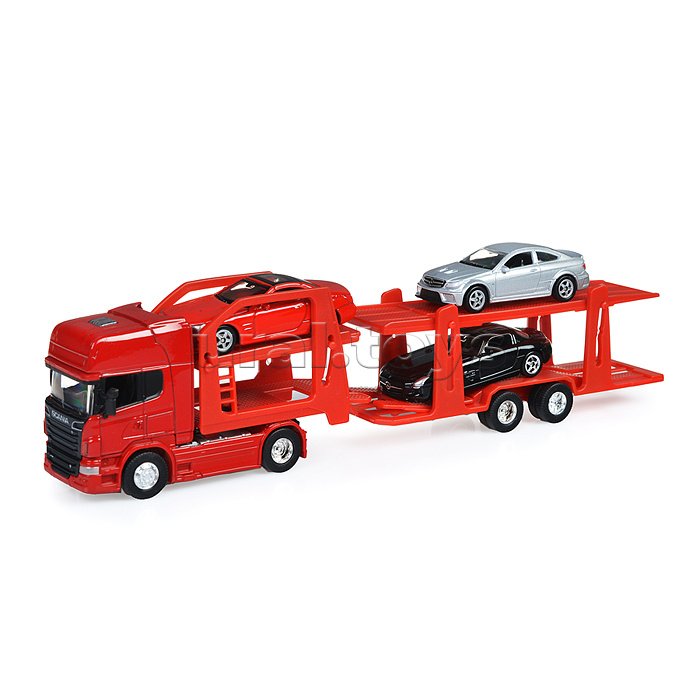 Набор 1:64, Грузовик Scania V8 R730 с тремя легковыми машинками Набор 1:64, Грузовик Scania V8 R730 с тремя легковыми машинками