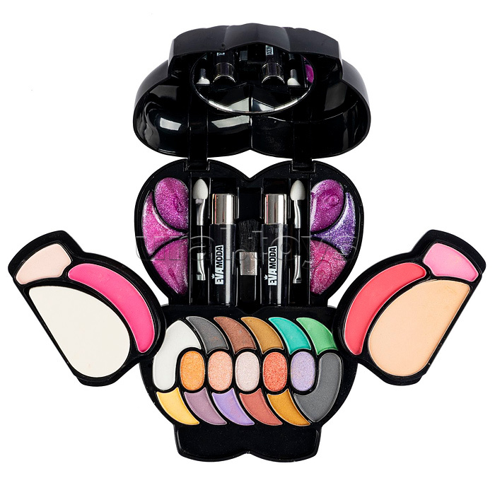 Набор детской декор. косметики Bondibon Eva Moda, BOX 16,5х12,5х4,5 см; тени для век-17шт.(12,48г), блеск для губ-6шт.(4г), румяна-4шт.(5,28г), пудра-1шт.(3,68г), тушь-2шт.(3,2г), аппликатор-3шт., пуховка-1шт., зеркало-1шт.,