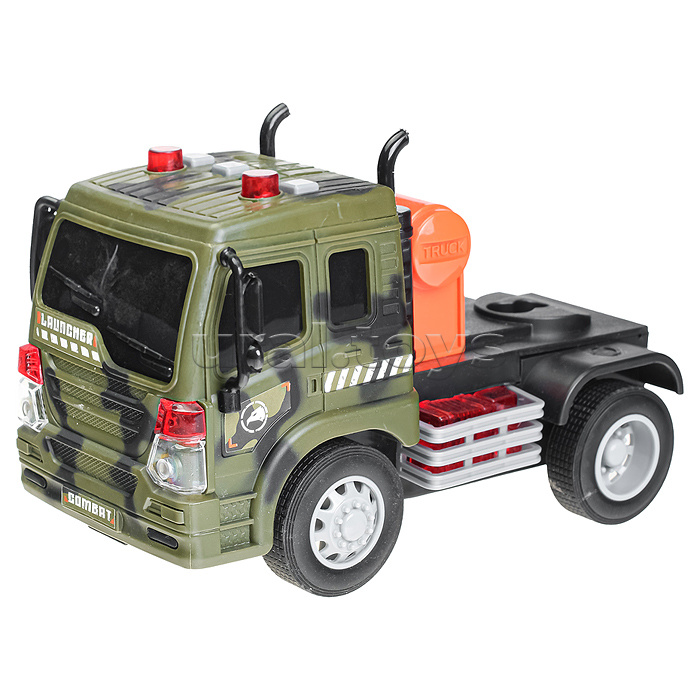 Автовоз "Военный" с танком, 1:16 (свет, звук) на батарейках, в коробке (зеленый)