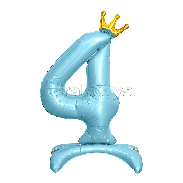 Шар (32''/81 см) Цифра, 4 Золотая корона, на подставке, Голубой, 1 шт. в уп.