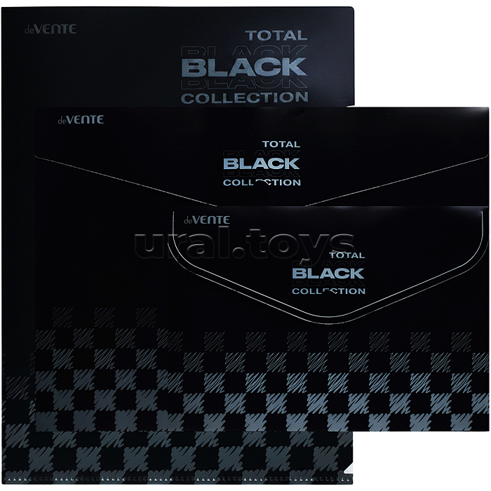 Набор папок "TOTAL BLACK" A4 (330x235 мм) 180 мкм, 3 папки, состав набора: папка-конверт на кнопке A4 (330x235 мм), папка-конверт на кнопке А5 (240x180 мм), папка-уголок A4 (220x310 мм), с дизайном, в пластиковом пакете