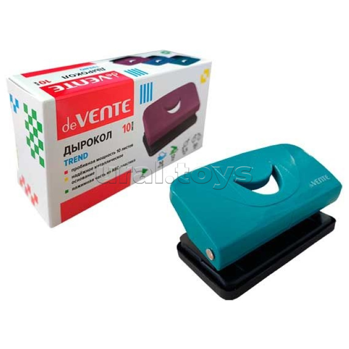 Дырокол "Trend" (10 листов) пластиковый, в картонной коробке, изумрудно-бирюзовый