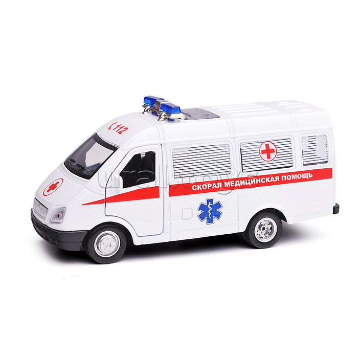 Машина металл ГАЗ -3221 "Газель" Скорая 12,2 см, (двери) инерц, в коробке
