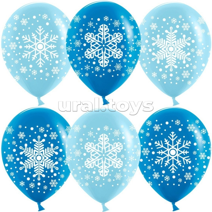 Шар (12''/30 см) Снежинки, Голубой/Синий, пастель, 4 ст, 25 шт.