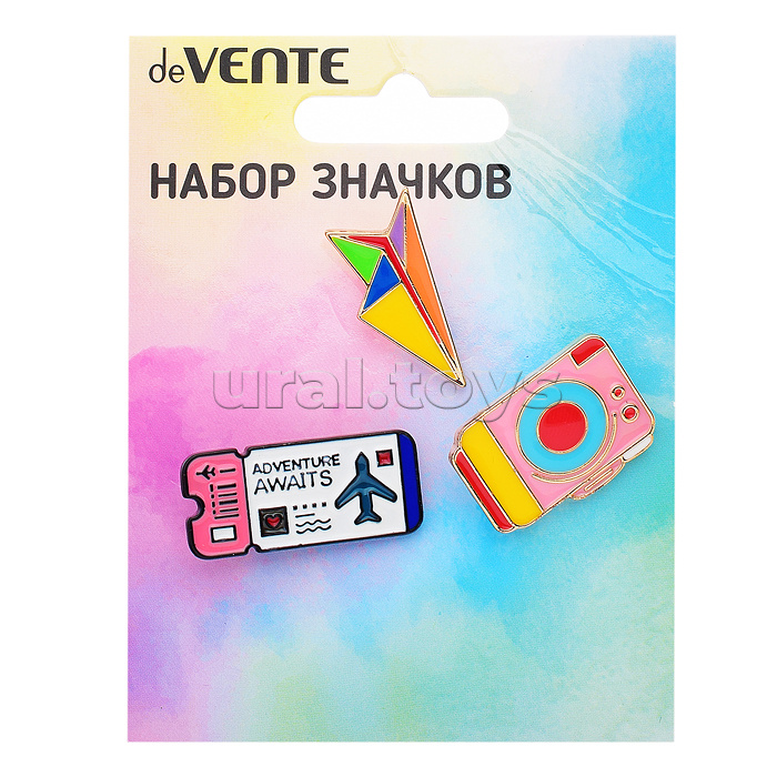 Набор значков "Adventure awaits" эмалированные, размер изделий: билетик 2,8x1 см, самолетик 2,75x1,5 см, камера 2,49x1,8 см, на карточке 7,0x9,5 см с пластиковым пакетом Набор значков "Adventure awaits" эмалированные, размер изделий: билетик 2,8x1 см, самолетик 2,75x1,5 см, камера 2,49x1,8 см, на карточке 7,0x9,5 см с пластиковым пакетом