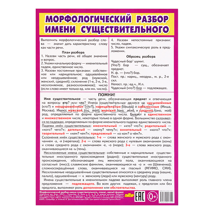 Плакат Морфологический разбор имени существительного