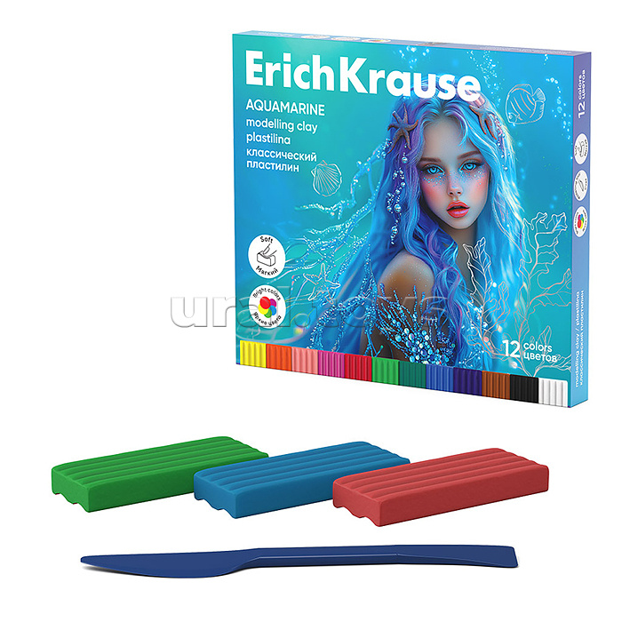 Пластилин классический Aquamarine 12 цветов со стеком, 180 г (в коробке 12 шт)