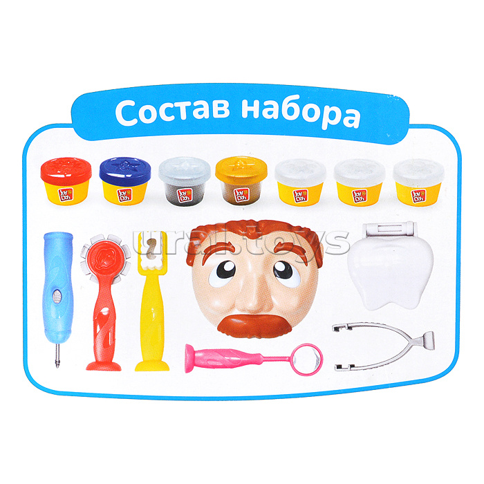 Масса для лепки набор Dentist set - Зубастик с золотыми зубами, 7 аксессуаров, 7 баночек с тестом, (7 х 50г.), 1/12