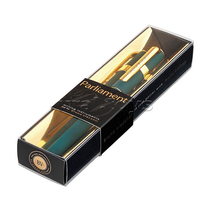 Ручка "Parliament" зеленая, фурнитура - золото 0.7 мм, масляна, синяя в подарочной упаковке,