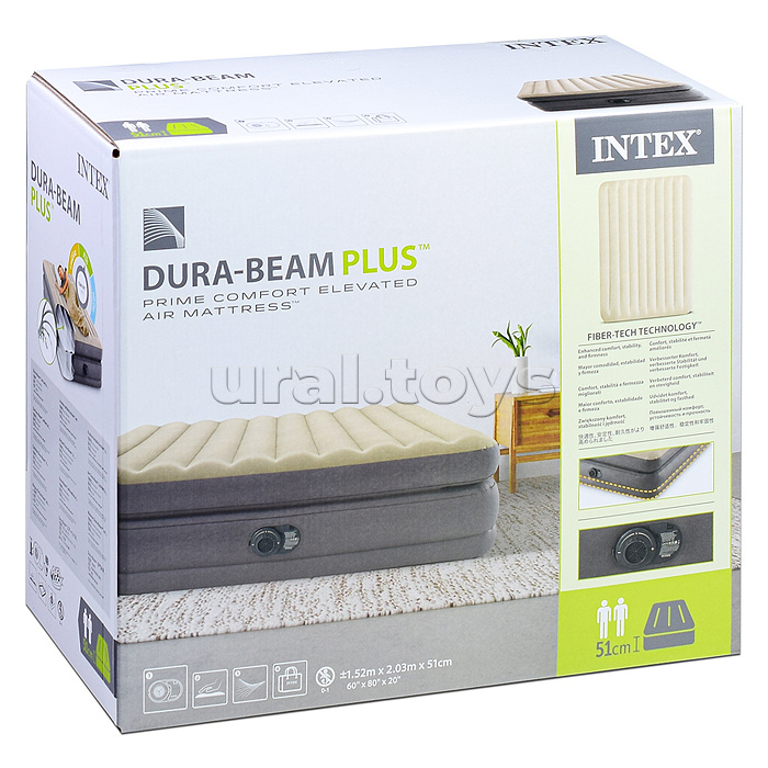 Кровать надувная Prime Comfort Elevated, 152 х 203 х 51 см, встроенный насос 220V, 64164NP INTEX Кровать надувная Prime Comfort Elevated, 152 х 203 х 51 см, встроенный насос 220V, 64164NP INTEX