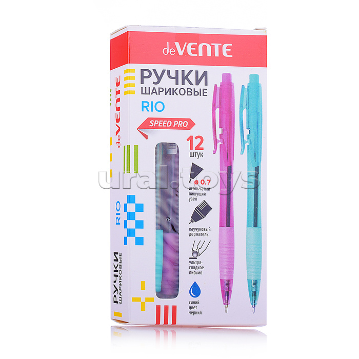 Ручка шариковая автоматическая "Rio" серия Speed Pro, d=0,7 мм, ультра гладкое письмо, чернила на масляной основе, стандартный пишущий узел, полупрозрачный корпус с каучуковым держателем, индивидуальная маркировка, сменный стержень, цвета корпуса ассорти,