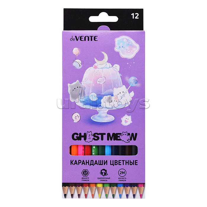 Карандаши цветные "Ghost Meow" 12 цветов, 2М, диаметр грифеля 2,8 мм, шестигранные, в картонной коробке