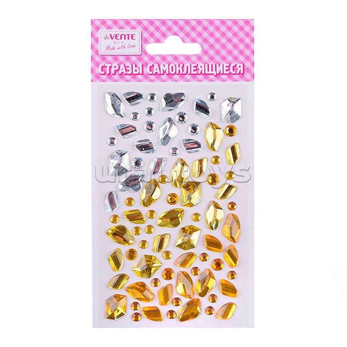Стразы акриловые самоклеящиеся "DIY Gradient Gemstones Gold &Silver" 40 шт, серебристо-золотистые, форма камня, в пластиковом пакете с блистерным подвесом
