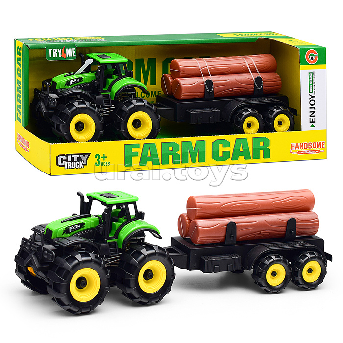 Трактор "Веселая ферма" с бревнами, в коробке